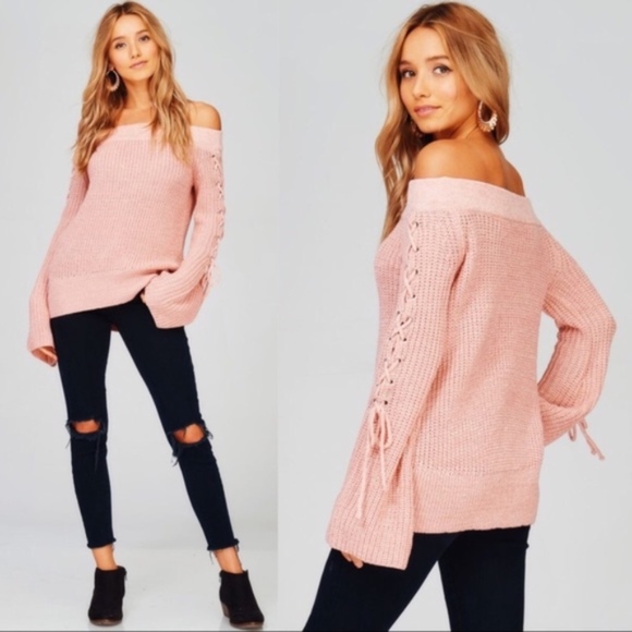 Ribbed Off Shoulder Lace Up Sleeve Sweater - Picture 2 of 3